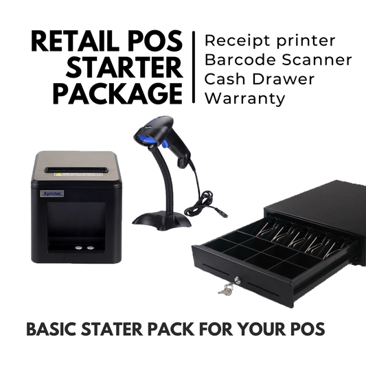 Retail POS Starter Package – Printer, Cash Drawer & USB 1D Barcode Scanner