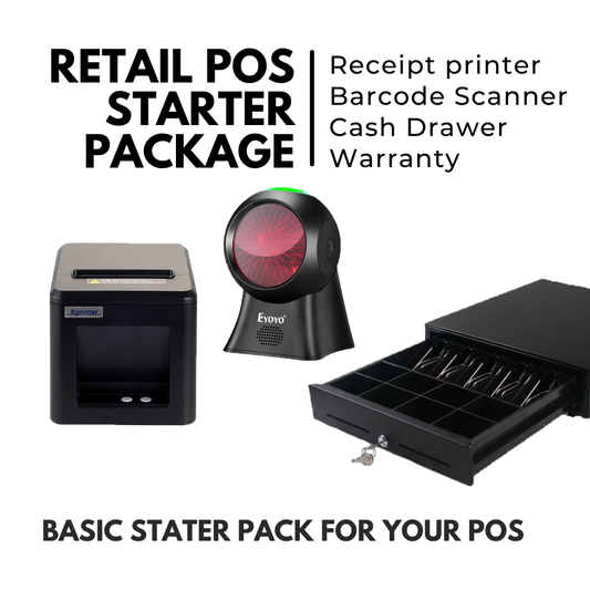 Retail POS Starter Package – Printer, Cash Drawer & USB Omni Directional Barcode Scanner